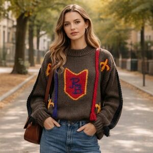 Vintage 80s Sport Classics Varsity Crest Chunky Knit Sweater Sz M